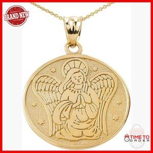 10k Yellow Gold Guardian Angel Pendant Necklace 16 Inch Chain